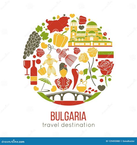 Bulgaria Traditional Symbols in Circle Isolated on White. Stock Vector