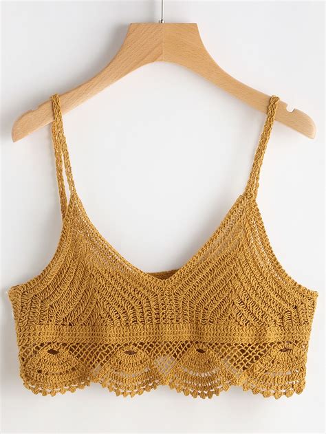 Shop Hollow Out Crochet Scallop Hem Crop Cami Top Online Shein Offers Hollow Out Crochet