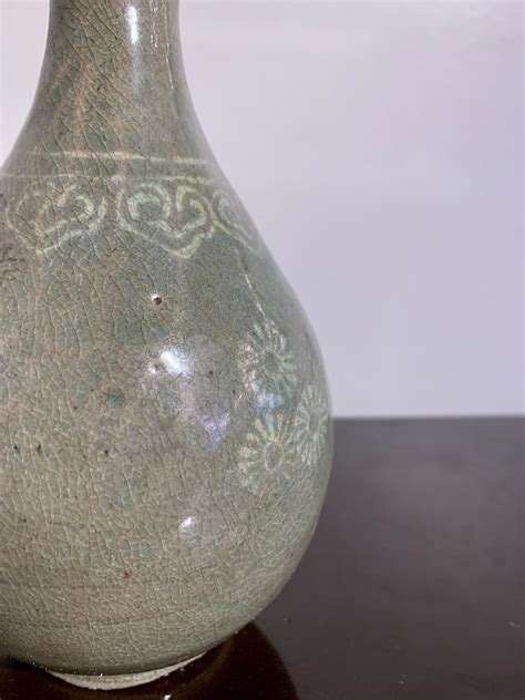 Korean Goryeo Celadon Glazed Slip Inlaid Bottle Vase 12th 13th Century