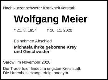 Traueranzeigen Von Wolfgang Meier Trauer Nordkurier