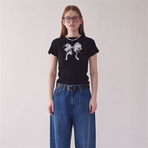 Double Ribbon Slim Crop T Shirt Black Silver Ronron