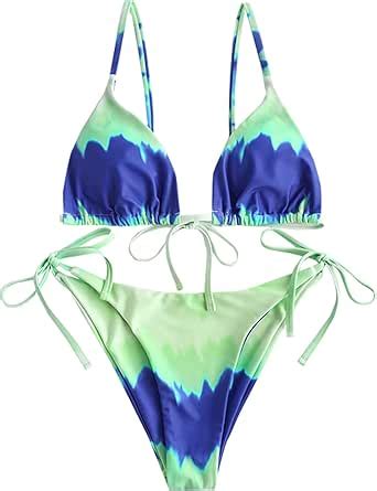 ZAFUL Women S Tie Dye Cinched String Triangle Bikini Set Three Piece Swimsuit Piece Light