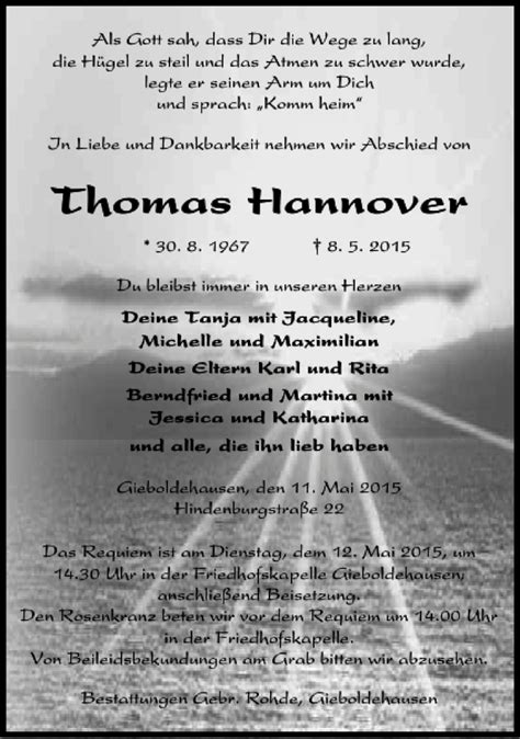 Traueranzeigen Von Thomas Hannover Trauer Anzeigen De