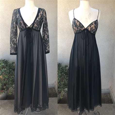 Vintage Black Nude Peignoir Long Lingerie Set Lace Sz Etsy