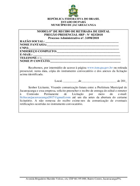 Preench Vel Dispon Vel Modelo De Recibo De Retirada De Edital Fax Email