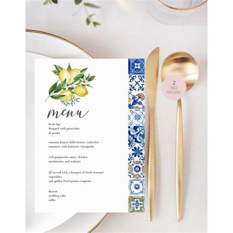 Blue Tiles Lemon Menu Template Italy Wedding Menu Printable