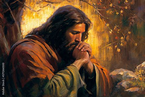 Jesus In Prayer In The Garden Of Gethsemane Oil Painting Conceptual Christian Art Stock