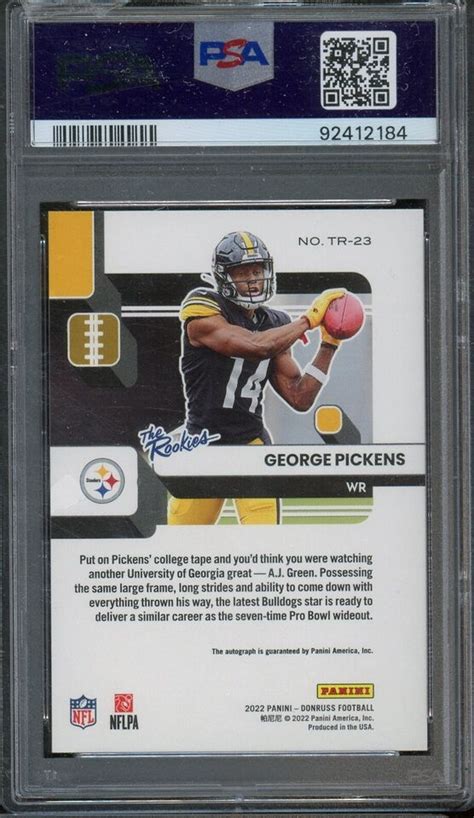 2022 Donruss The Rookies Tr23 George Pickens Steelers Rc Auto 199 Psa