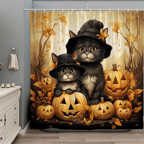 Zzysks Halloween Black Cat Shower Curtain Fall Autumn