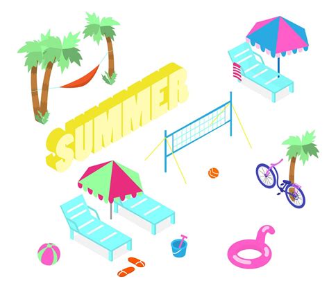 Beach Scene Isometric Vector Set Palms With Hammock Summer Lettering