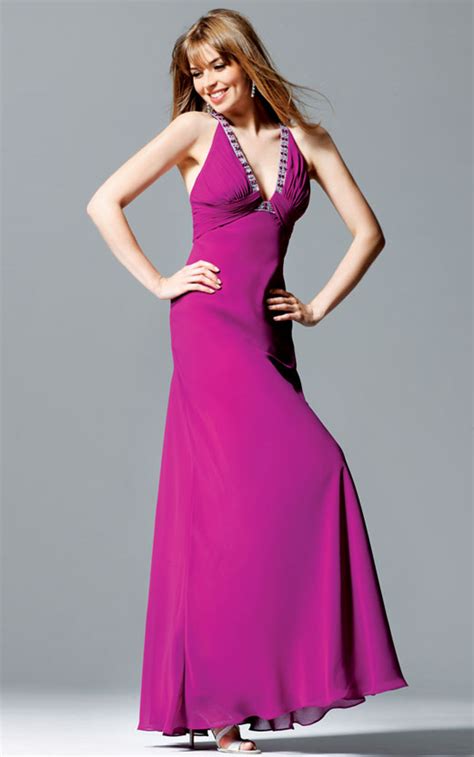 Fuchsia Empire Deep V Neck Cross Back Beading Sequins Floor Length