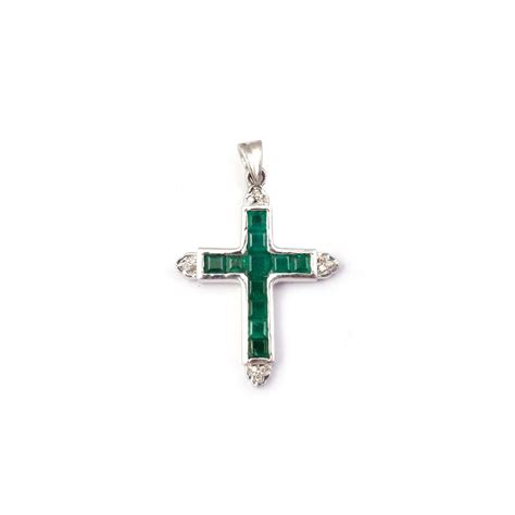 925 Sterling Silver Cross Emerald With Diamonds Pendant For Etsy