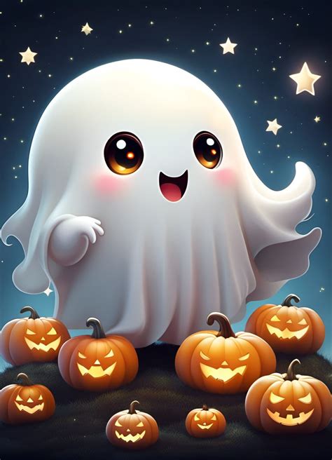 Adorable spooky cute ghost with glowing Jack-o-lanterns kawaii ...