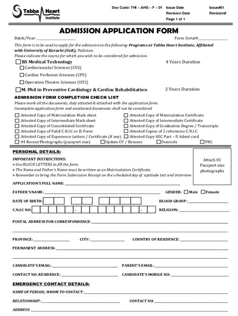 Fillable Online Admission Application Form Tabba Heart Institute Fax