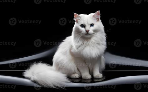 A portrait of a long-haired white cat against a black backdrop