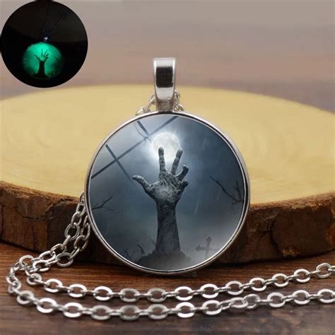 Glow In The Dark Moon Hand Shadow Necklace Glass Cabochon Pendant