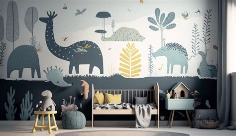 Premium AI Image | A child's room with a dinosaur mural on the wall.