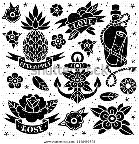 Black White Old School Tattoo Set Vetor Stock Livre De Direitos