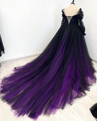 Gothic Black Purple Wedding Dresses Long Sleeves Lace Off Shoulder