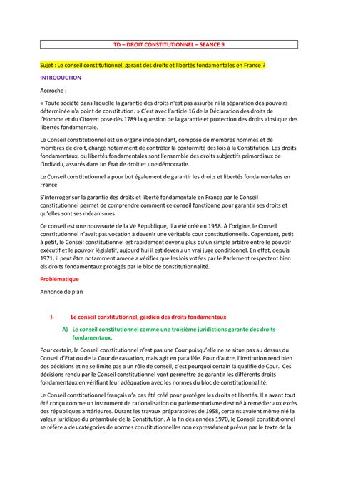 Seance Dissertation Td Droit Constitutionnel Seance Sujet