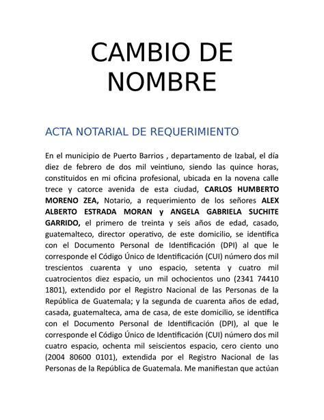 Cambio De Nombre Cambio De Nombre Acta Notarial De Requerimiento En