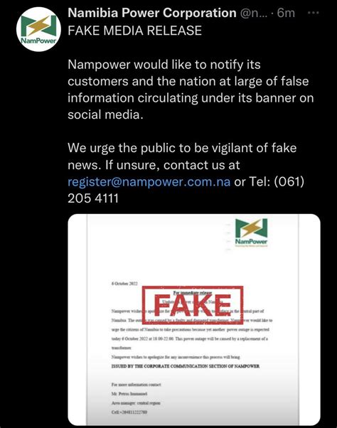 The Namibian On Twitter Fake News Nampower Has Notified Its