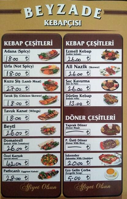 Menu At Beyzade Kebap Istanbul Tuna Cd No 34