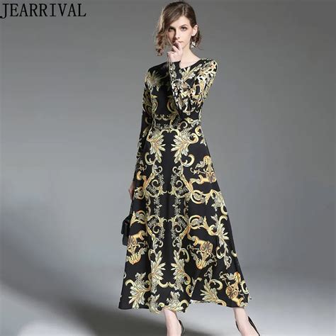 Vintage Runway Dress New Fashion Women Full Sleeve O Neck Retro Print Ball Gown Long Maxi Dress