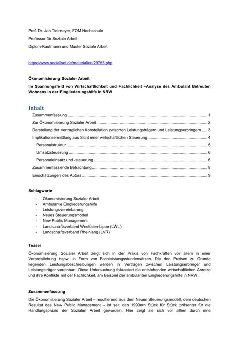 Pdf Konomisierung Sozialer Arbeit Im Spannungsfeld Von