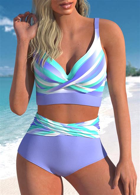 Striped Criss Cross Light Purple Bikini Top Rosewe Usd