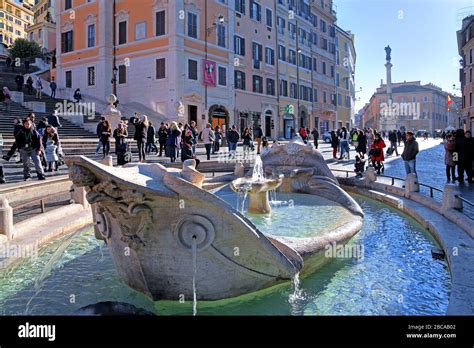 Piazza Di Spagna With The Fontana Della Barcaccia Fountain In The Old