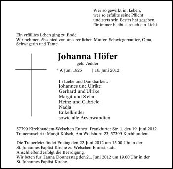 Traueranzeigen von Johanna Höfer Trauer in NRW de