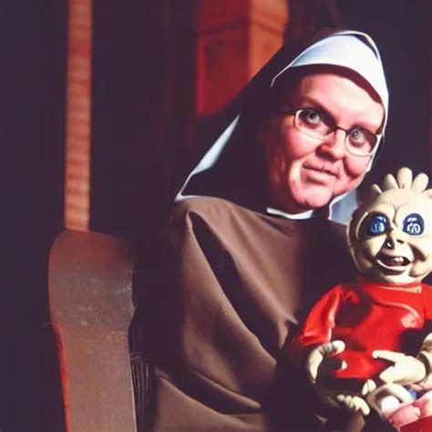 A Nun In Church Holding Chucky The Evil Killer Doll On Stable