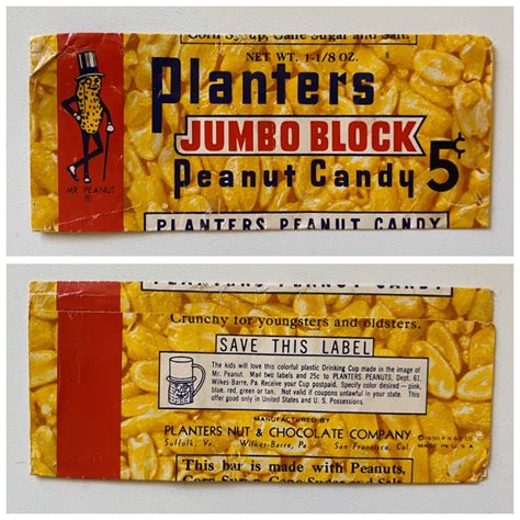 1950 Planters Peanut Candy Block Original Wrapper Peanut Candy