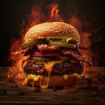 Premium AI Image | Beef burger with fire background Burger in fire ...