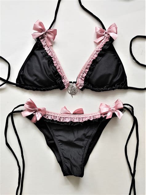 Pastel Goth Bikini Black Scrunch Bottom Brazilian Bikini Mauve Pink Ruffles Bows Cheeky Ddlg