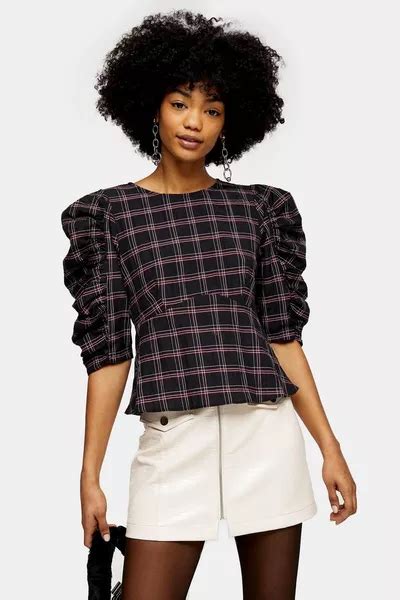 Black Check Tie Back Puff Sleeve Blouse As Part Of An Outfit Topshop Outfit Puff Sleeve