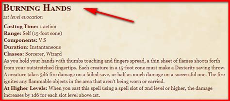 Burning Hands 5E Spell In DnD - D&D 5e Character Sheets