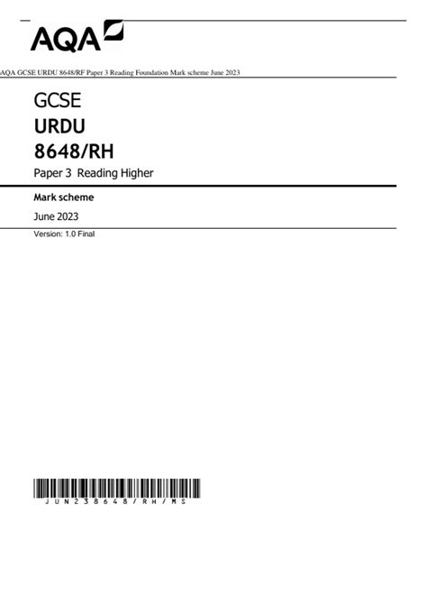 AQA GCSE URDU 8648 RF Paper 3 Reading Foundation Mark Scheme June 2023