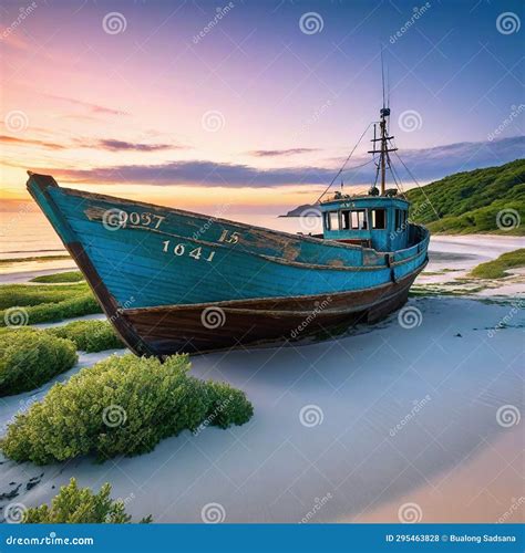 An Old Wrecked Fishing Boat Rides On A Deserted An Abandoned Wooden