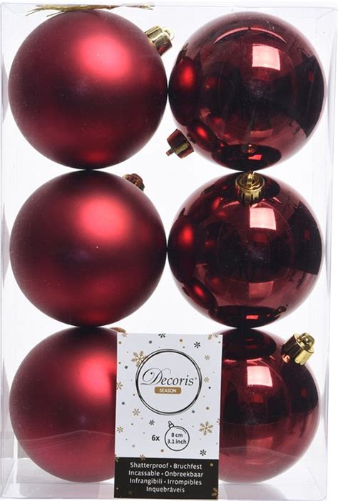 Decoris Kerstballen 6x St Donkerrood 8 Cm Kunststof Mat Glans