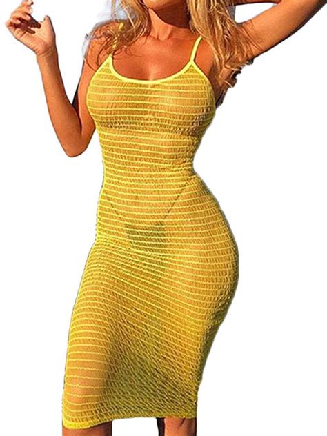 Gwiyeopda Women Sexy Spaghetti Strap Dresses Long Cover Up See Through