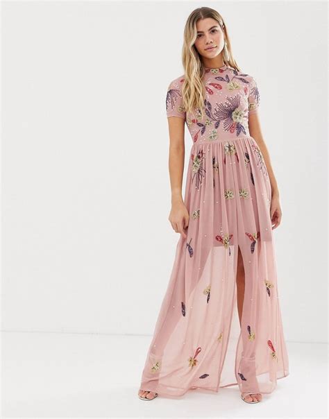 Frock And Frill Floral Embellished Maxi Dress In Dusky Rose Vestido