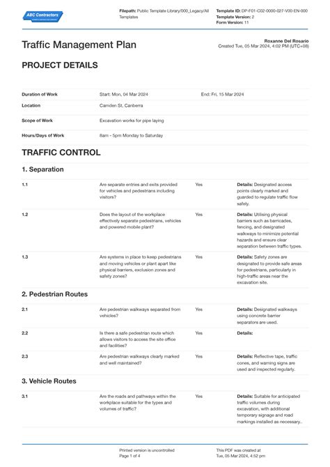 Traffic Management Plan Template Free Sample Example