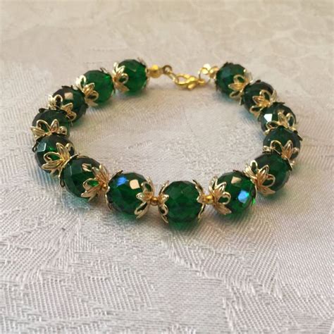 Emerald Green Crystal Beaded Gold Tone Bracelet By Cbfcreationshb On