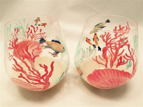 Under The Sea Glasses Hand Painted Wine Glasses Coral Shells Etsy