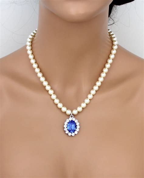 Sapphire Blue Bridal Necklace Pearl Wedding Necklace Bridal