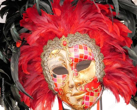 Venezianische Maske In Rot Mit Federn Stock Photo Adobe Stock