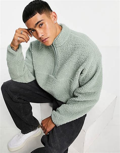 Asos Design Oversized Half Zip Track Neck Sweatshirt In Green Borg Asos