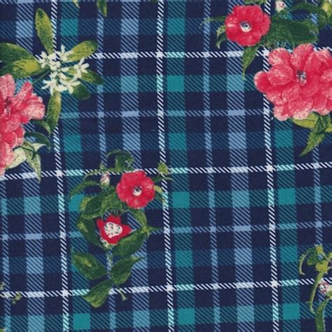 Blueteal Plaid Floral Double Brushed Jersey Knit Fabric Denver Fabrics